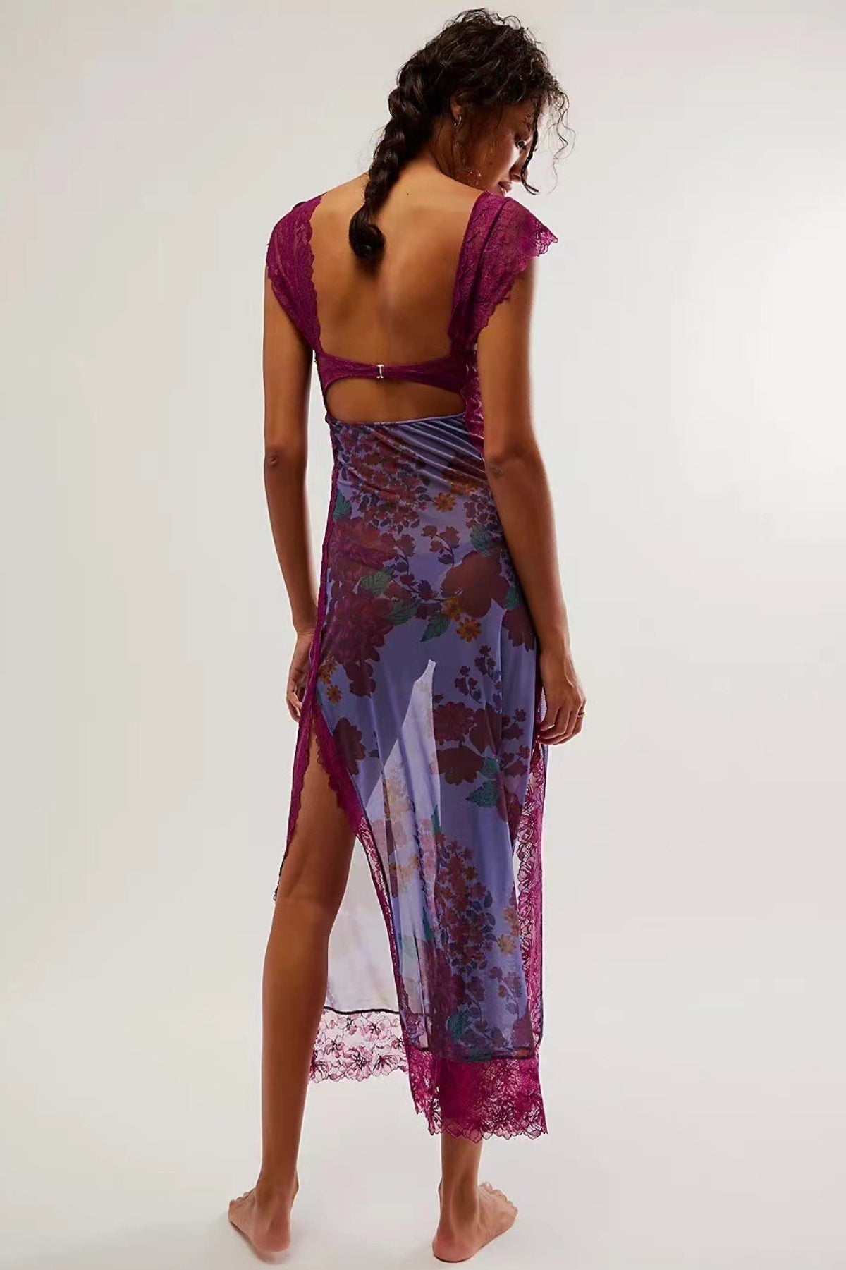 Lace Sweetheart Bodice Cut Out Flutter Sleeve Floral Print Slip Maxi Dress