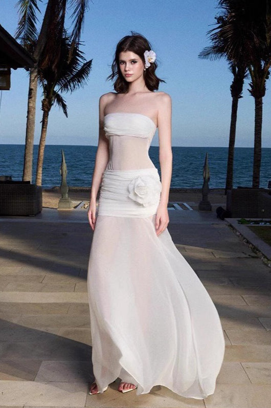 Strapless Ruched Mesh Panel 3D Floral Applique Layered Maxi Dress