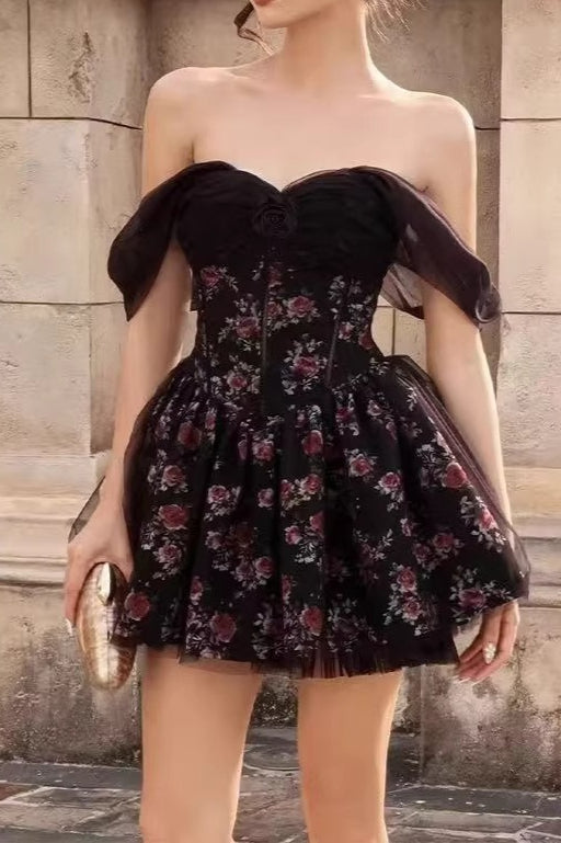 Off Shoulder Mesh Puff Sleeve Corset Bodice Layered Hem Mini Floral Dress