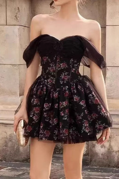 Off Shoulder Mesh Puff Sleeve Corset Bodice Layered Hem Mini Floral Dress