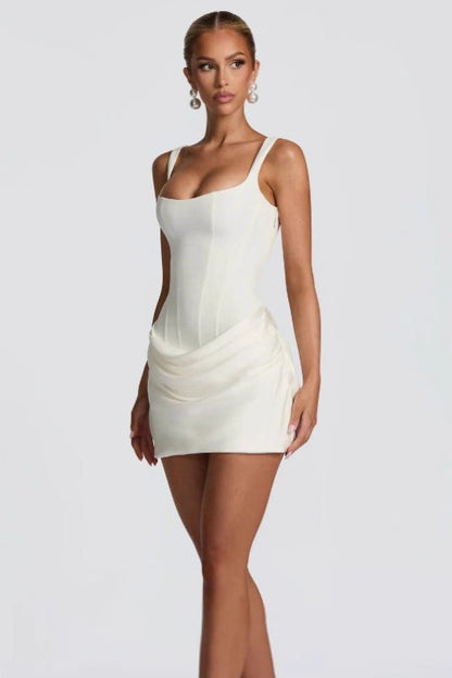 Strapless Corset Boned Bodice Draped Tulip Hem Sash Trail Mini Dress