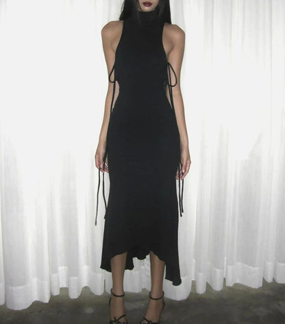 Lace Up Solid Sleeveless Midi Dress
