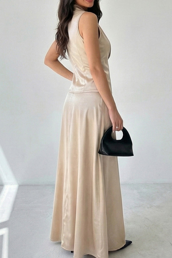 Satin Solid Color Sleeveless Button-down Vest and Elegant Draped Maxi Skirt Set