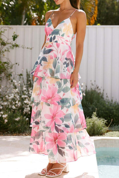 Deep V Neck Spaghetti Strap Floral Tiered Ruffle Maxi Dress