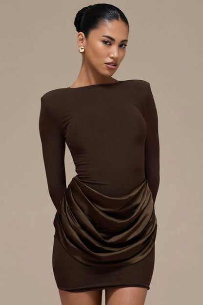 Boat Neck Padded Shoulder Long Sleeve Draped Satin Hip Overlay Bodycon Mini Dress