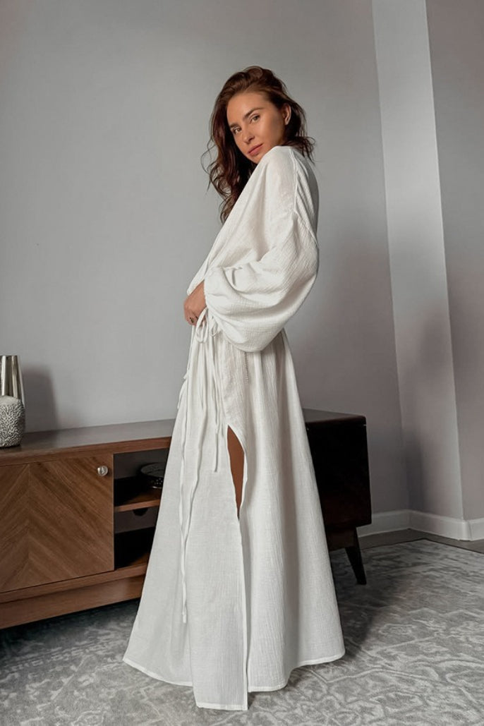 | Cotton Cutout Tie Waist Long Sleeve Maxi Dress