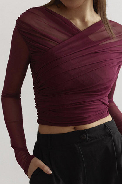 The Michelle — Ruched Mesh Top with Crossover Neckline