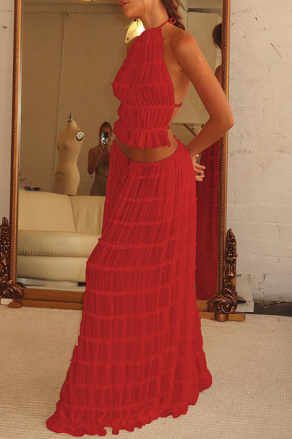 Versatility and Vintage Charm Pleated Drawstring Waist Tiered Maxi Skirt