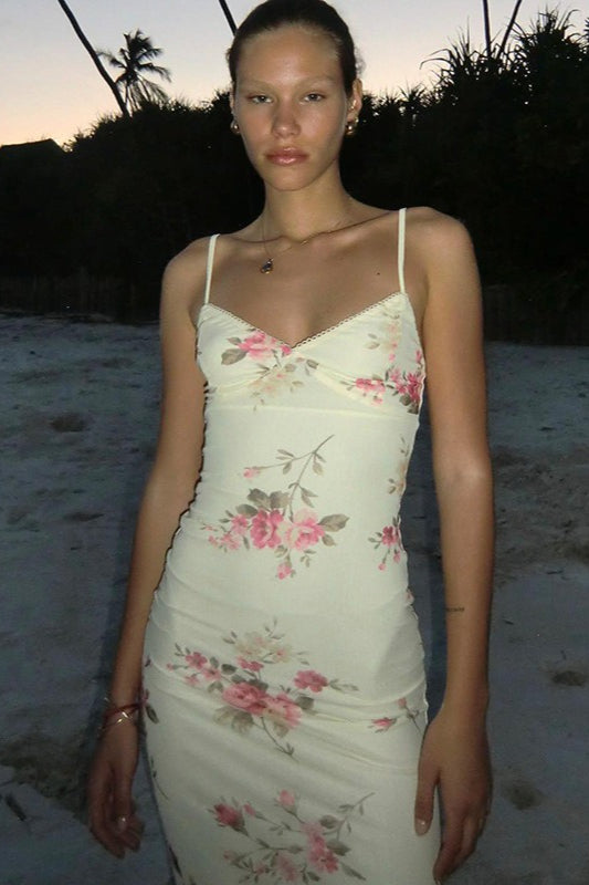 Spaghetti Strap Deep V-Neck Floral Print Slip Maxi Dress