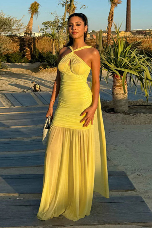 Mesh Tie Strappy Bodycon Maxi Dress