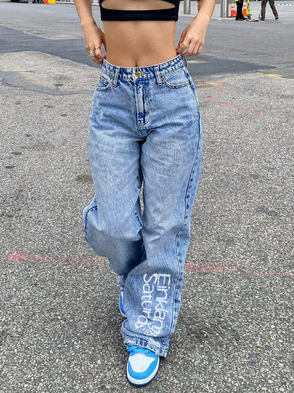 Basic Wash Letter Print Straight Leg Boyfriend Jeans