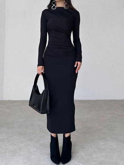 Slim Fit Solid Color Temperament Long Hip-Wrapped Dress