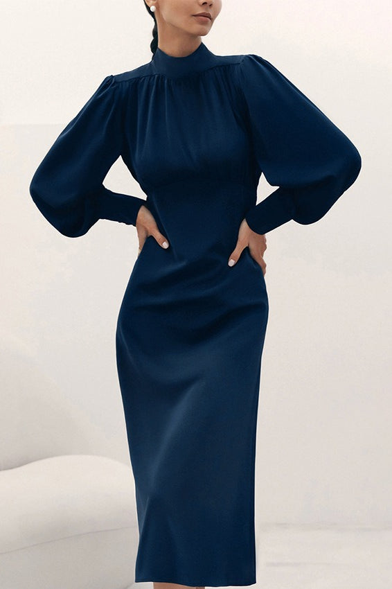 Mock Neck Bishop Sleeve Gathered Bodice High Waist A-Line Midi Dress