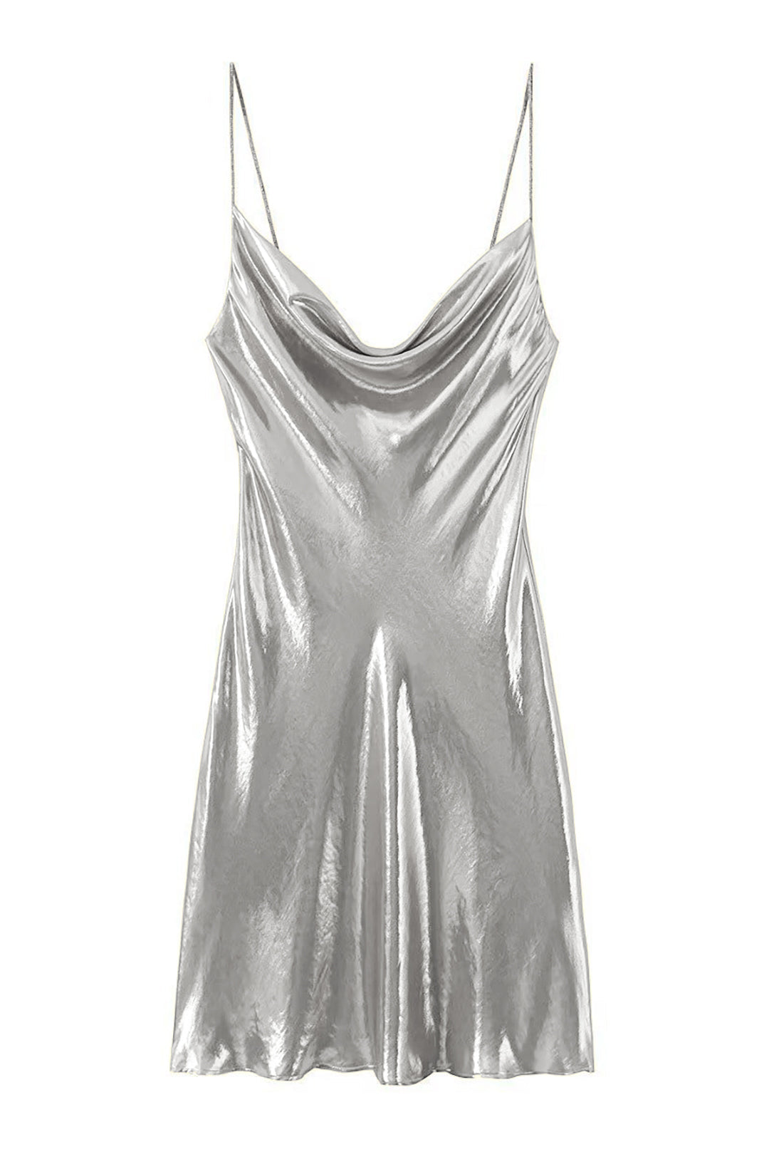 Cowl Neck Spaghetti Strap Metallic Satin Slip Mini Dress