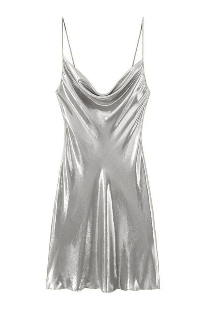 Cowl Neck Spaghetti Strap Metallic Satin Slip Mini Dress