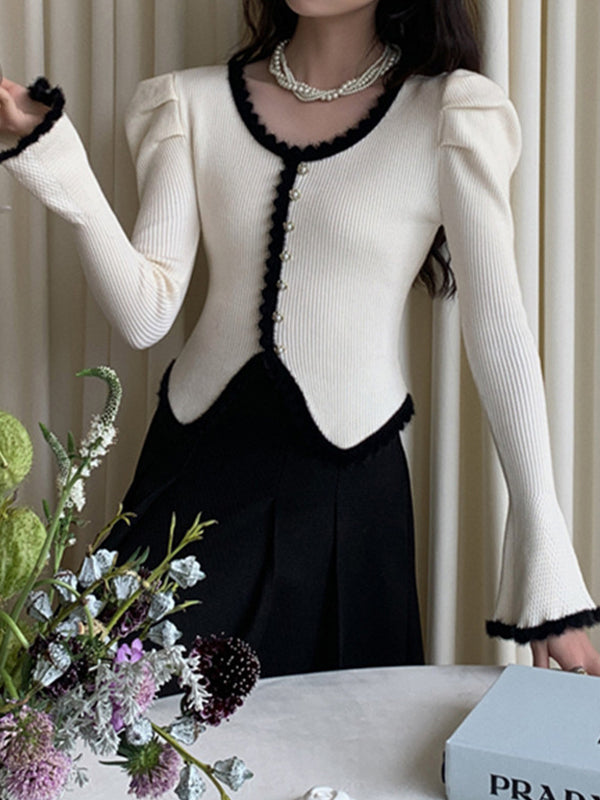 Contrast Color Scallop Trim Puff Sleeve Cardigan