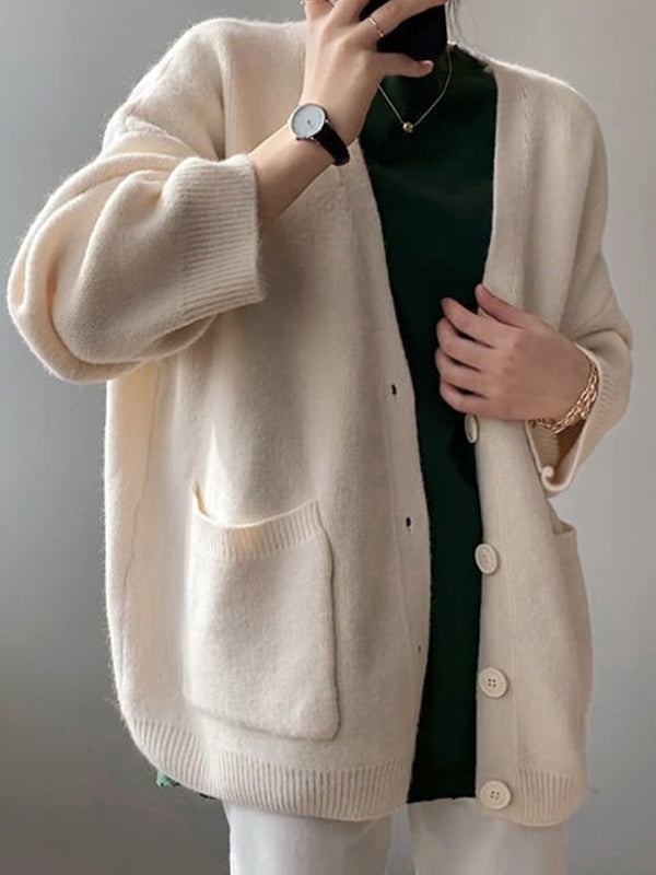 Solid V Neck Breasted Knit Cardigan