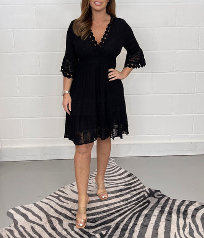 Lace V-Neck Bell Sleeve Tiered Scalloped Hem Midi Dress