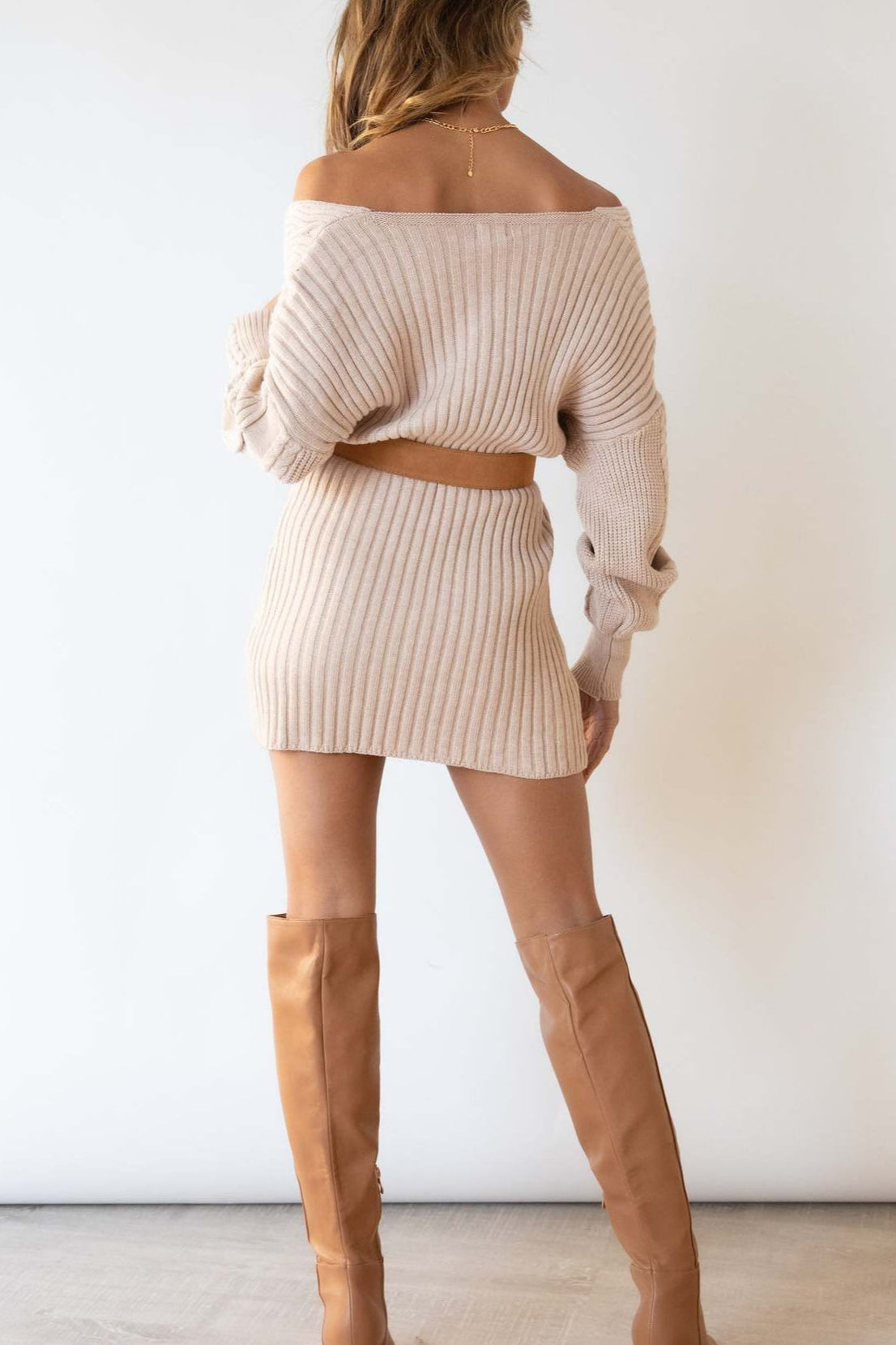 Cable Knit Wrap Front V-Neck Balloon Sleeve Ribbed Mini Sweater Dress