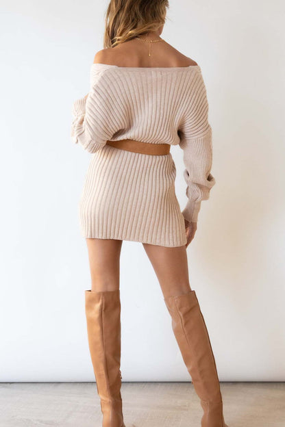Cable Knit Wrap Front V-Neck Balloon Sleeve Ribbed Mini Sweater Dress