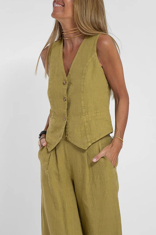 Women Casual Linen Waistcoat Two Set Suits