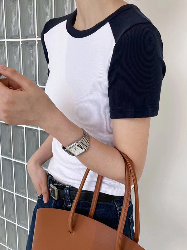 Contrast Color Stitching Crewneck Short Sleeve Knits