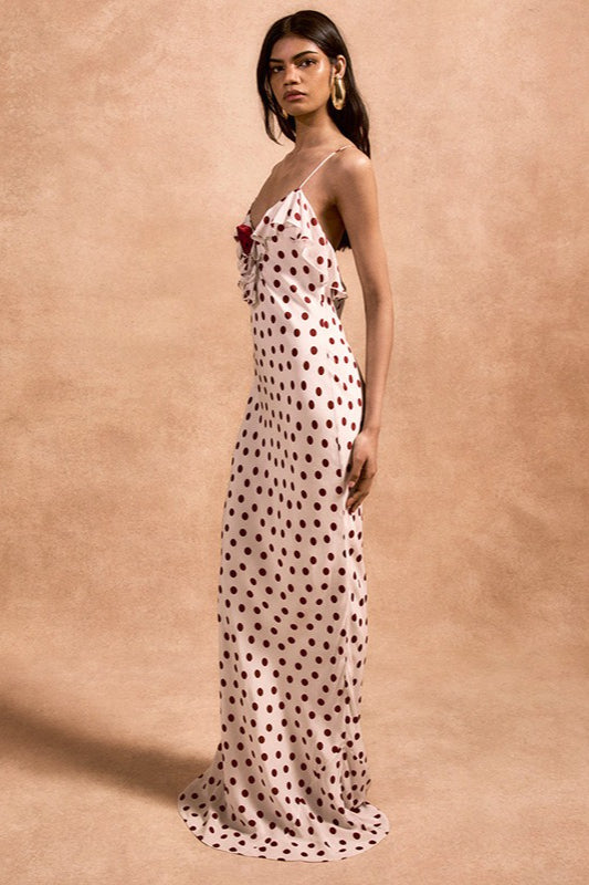 Polka Dot Spaghetti Strap Ruffle V-Neck Floral Applique Slip Midi Dress
