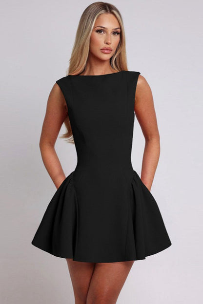 Boat Neck Sleeveless Drop-Waist Gathered Panel Fit-and-Flare Mini Dress