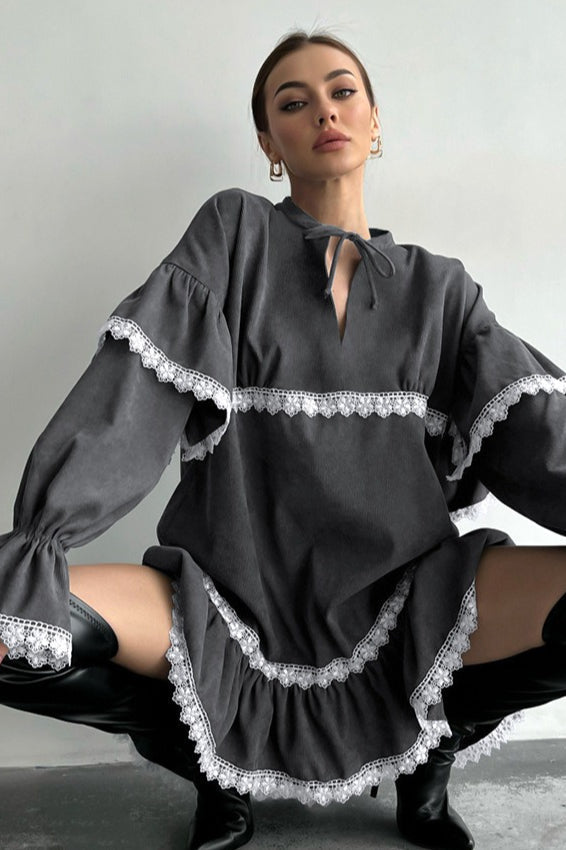 Tie Neck Keyhole V Neck Lace Trim Tiered Ruffle Sleeve Babydoll Mini Dress