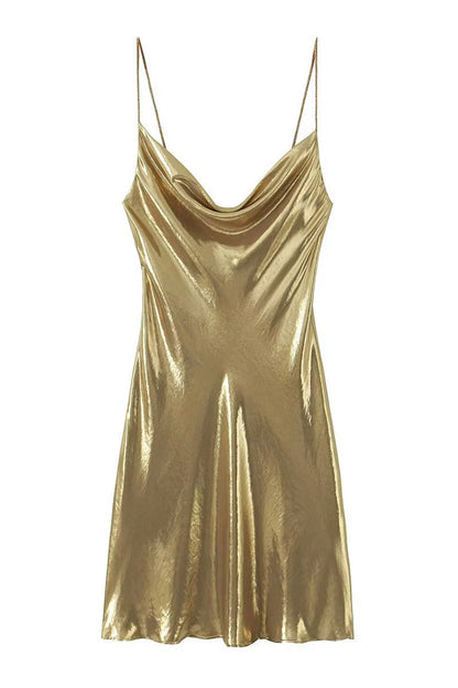 Cowl Neck Spaghetti Strap Metallic Satin Slip Mini Dress