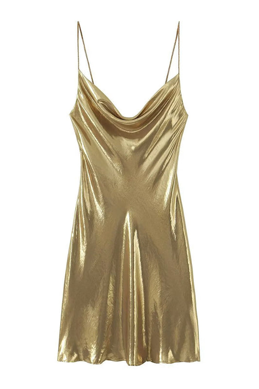 Cowl Neck Spaghetti Strap Metallic Satin Slip Mini Dress