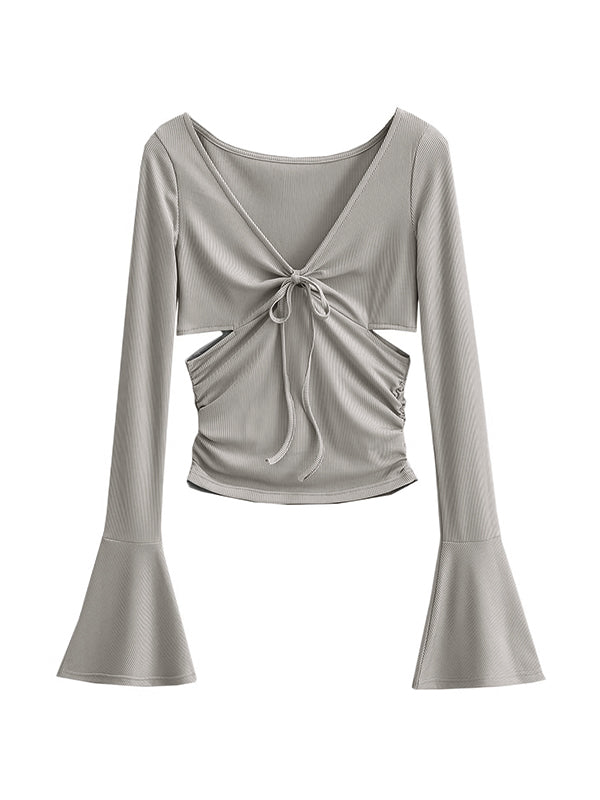 Solid V Neck Side Cutout Trumpet Sleeve Long Sleeve Knit