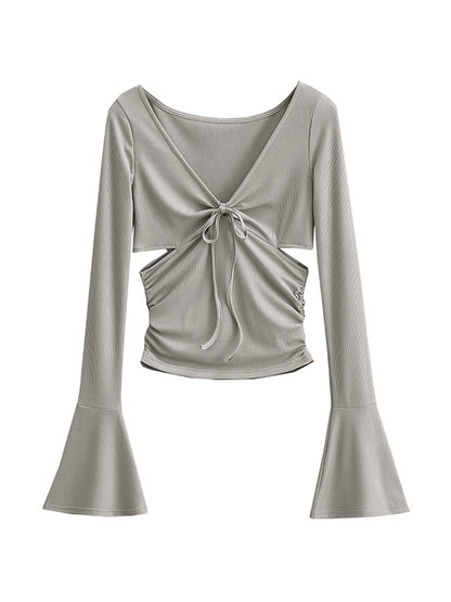 Solid V Neck Side Cutout Trumpet Sleeve Long Sleeve Knit