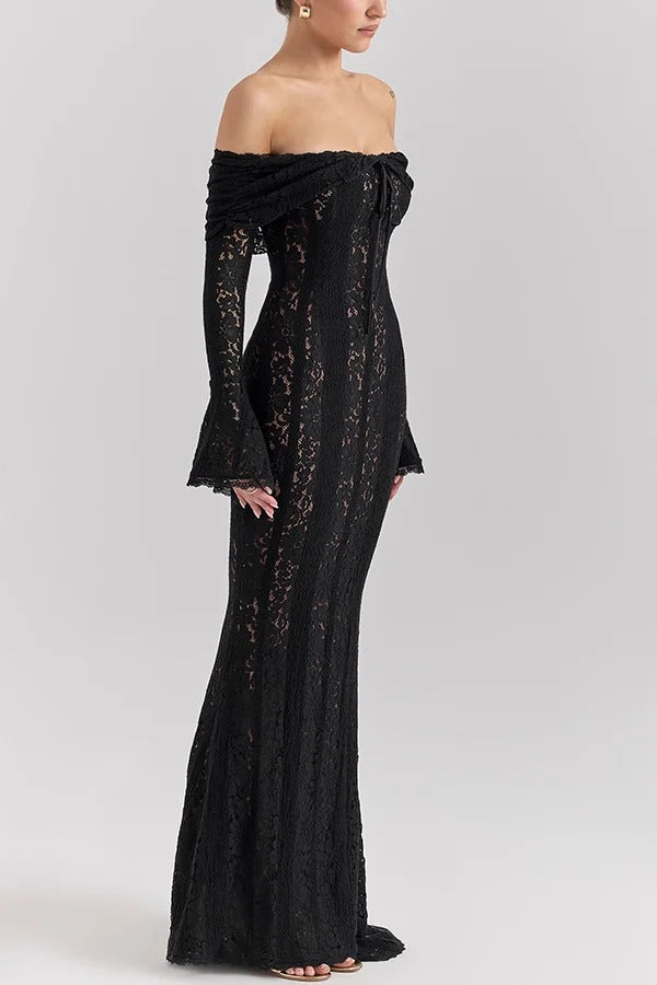 Floral Lace Off Shoulder Bell Sleeve Mermaid Maxi Dress