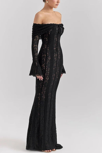Floral Lace Off Shoulder Bell Sleeve Mermaid Maxi Dress