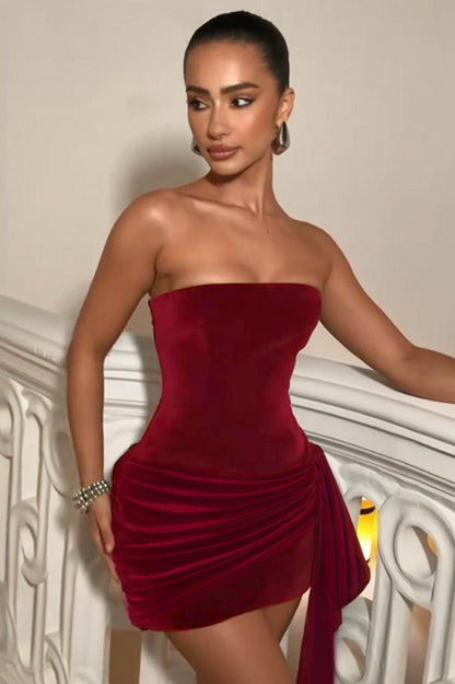 Strapless Velvet Ruched Side Drape Panel Mini Dress