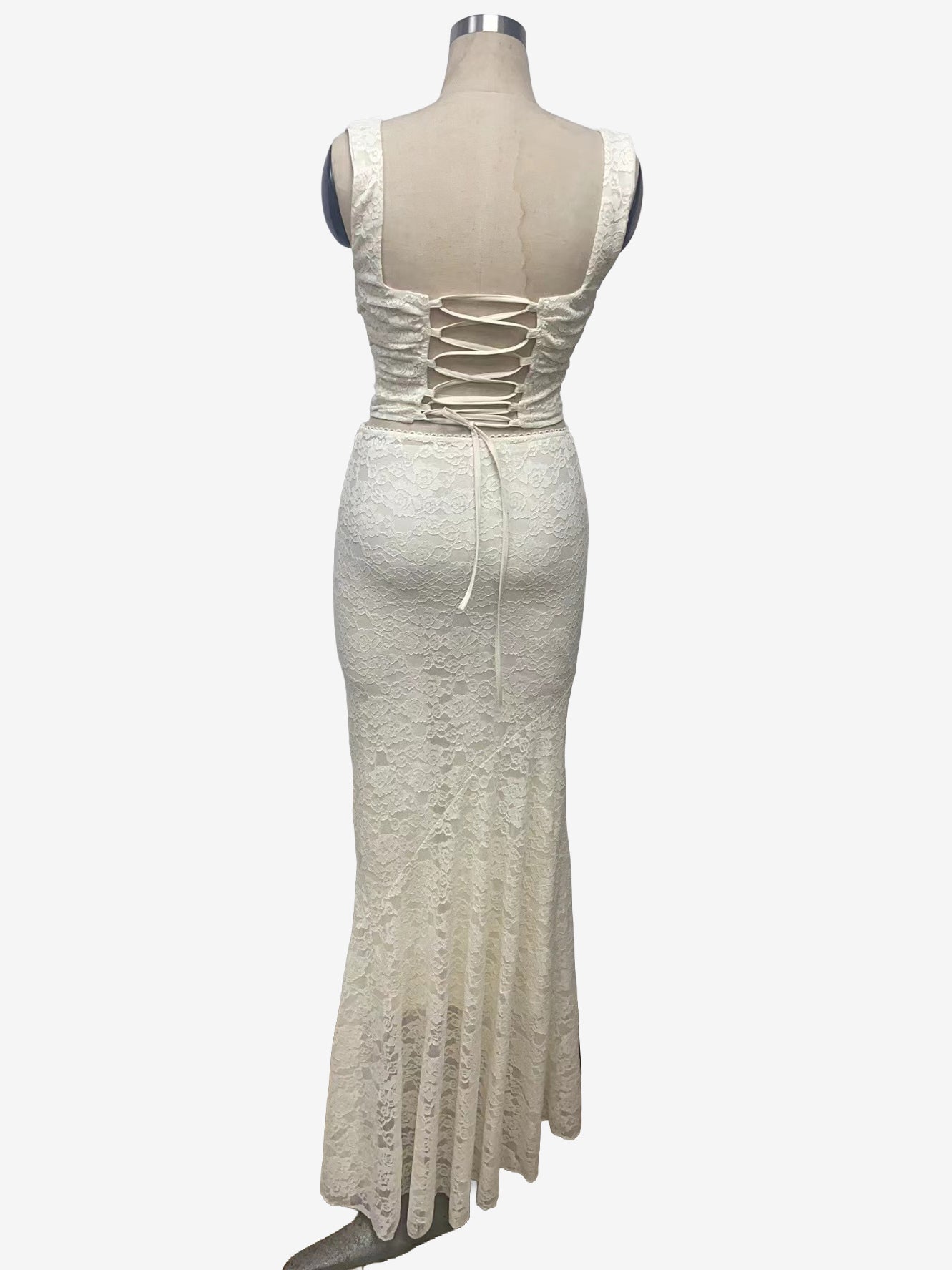 Lace Two Piece Set Square Neck Crop Top And Mermaid Maxi Skirt For Women 2026