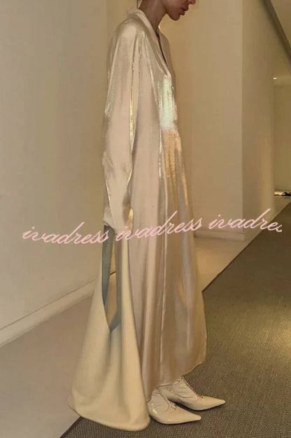 Solid Color Glossy V-neck Long Sleeve Casual Slit Maxi Dress