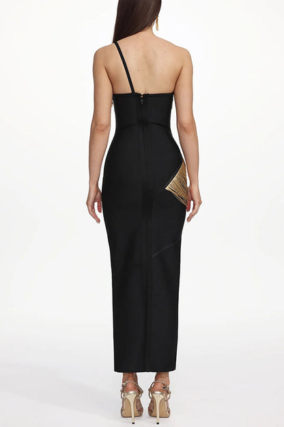 Roanna One Shoulder Sleeveless Glossy Tassels Bandage Maxi Dres