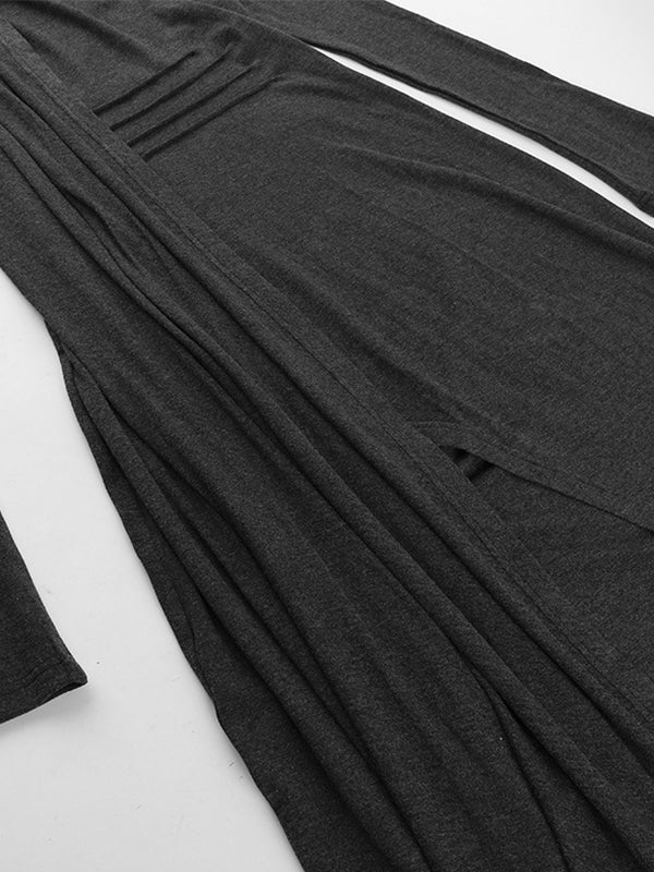 Solid Thigh Split Long Sleeve Midi Dress
