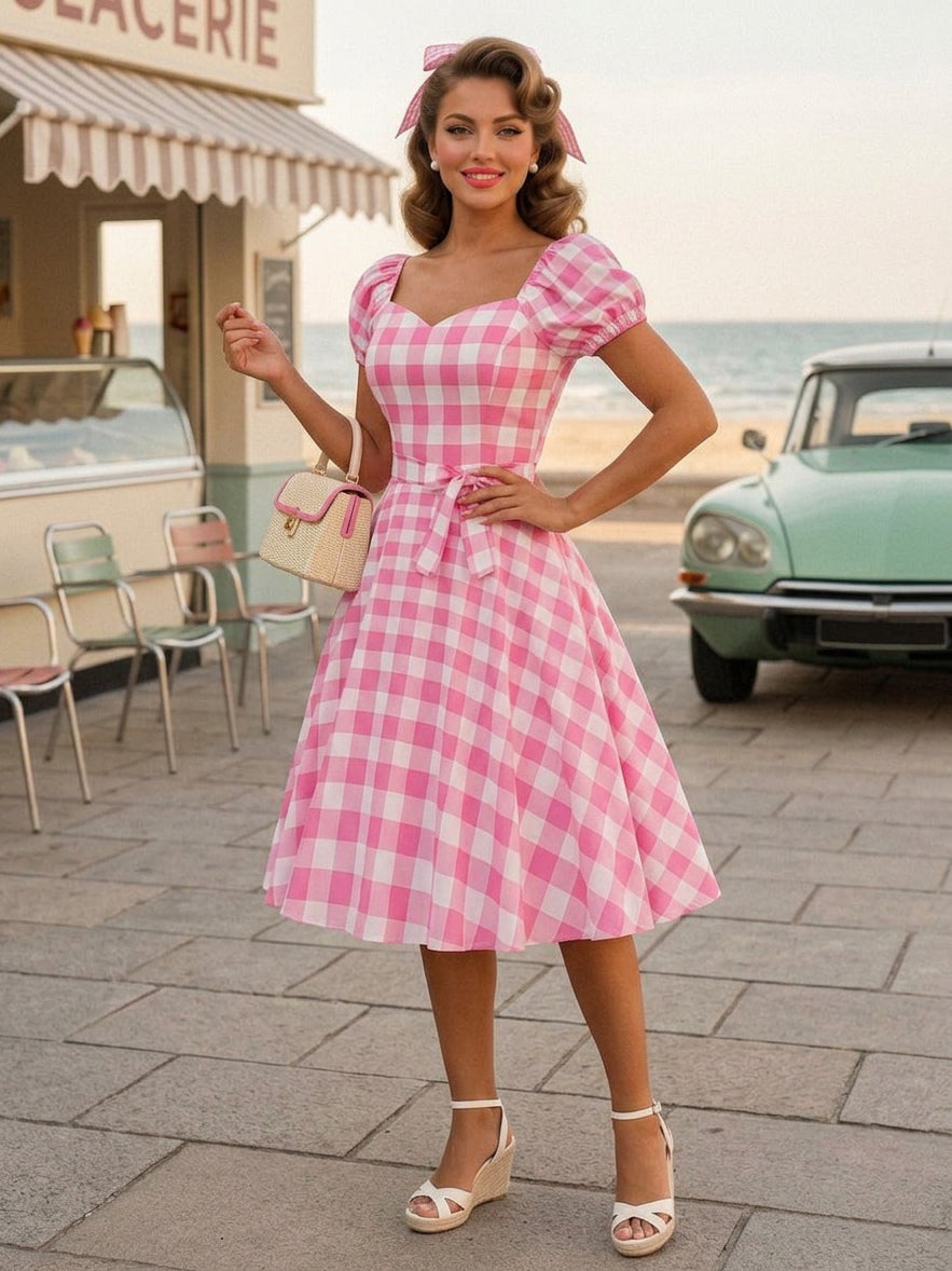Retro Glamour Dress Sweetheart Neck Puff Sleeves Polka Dots Casual Long Dresses