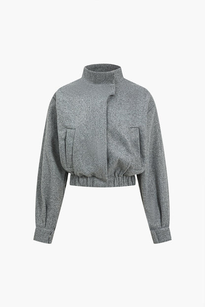 Solid Stand Collar Button Pocket Jacket
