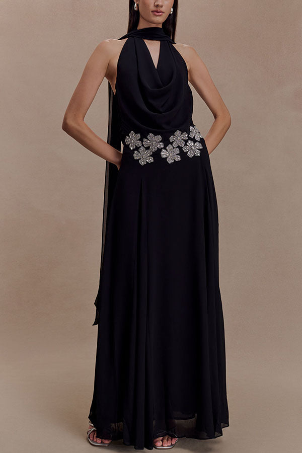 Santal Chiffon Detachable Halter Cowl Neck Scarf Floral Diamante Trims Maxi Dress