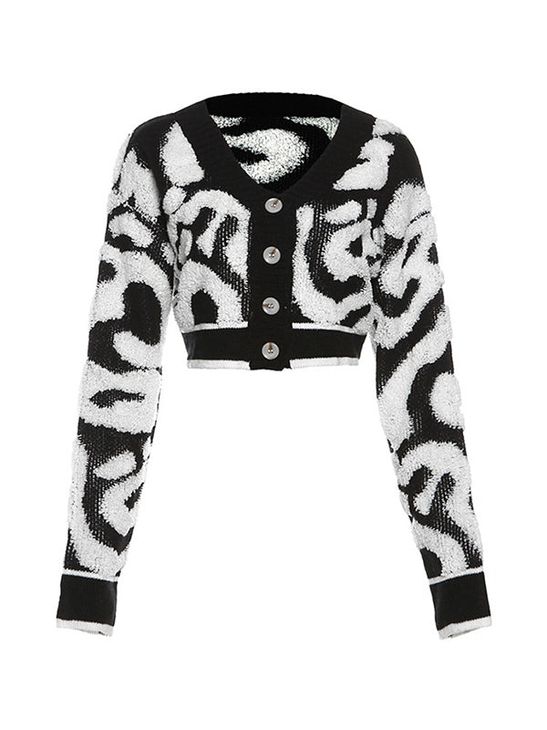 Contrast Color Flocking Print V Neck Short Cardigan