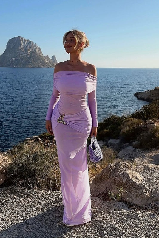 Off Shoulder Ruched Mesh Long Sleeve Buckle Hip Draped Maxi Dress
