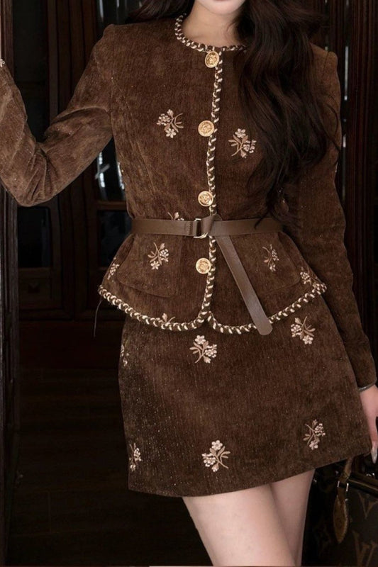 Boucle Style Corduroy Shirt Skirt Tweed Suit Set