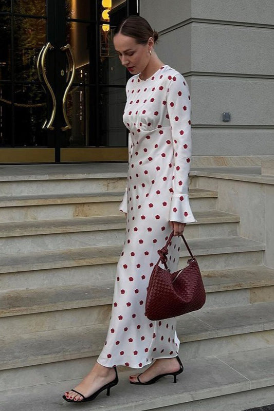 Rosebud Floral Print Round Neck Trumpet Sleeve Empire Waist Maxi Dress