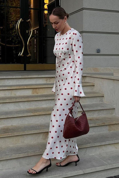 Rosebud Floral Print Round Neck Trumpet Sleeve Empire Waist Maxi Dress