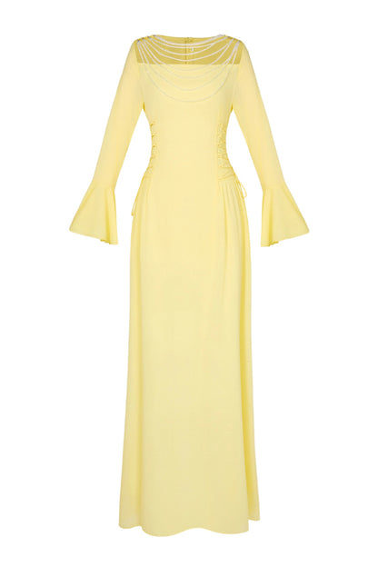 Fashionable Beaded Long-sleeved Square-neck Fitted Waist Tie Maxi Dress