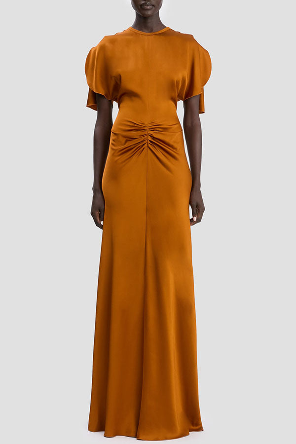 Isabella Satin Short Sleeve Ruched Waist V-shape Back Gown Maxi Dress